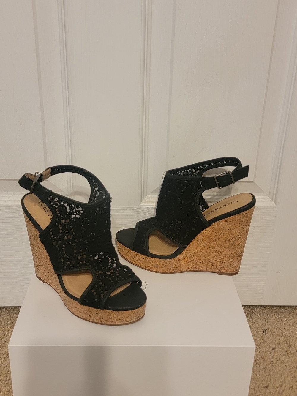 Lucky Brand Black Crochet Cork Wedge Sandals